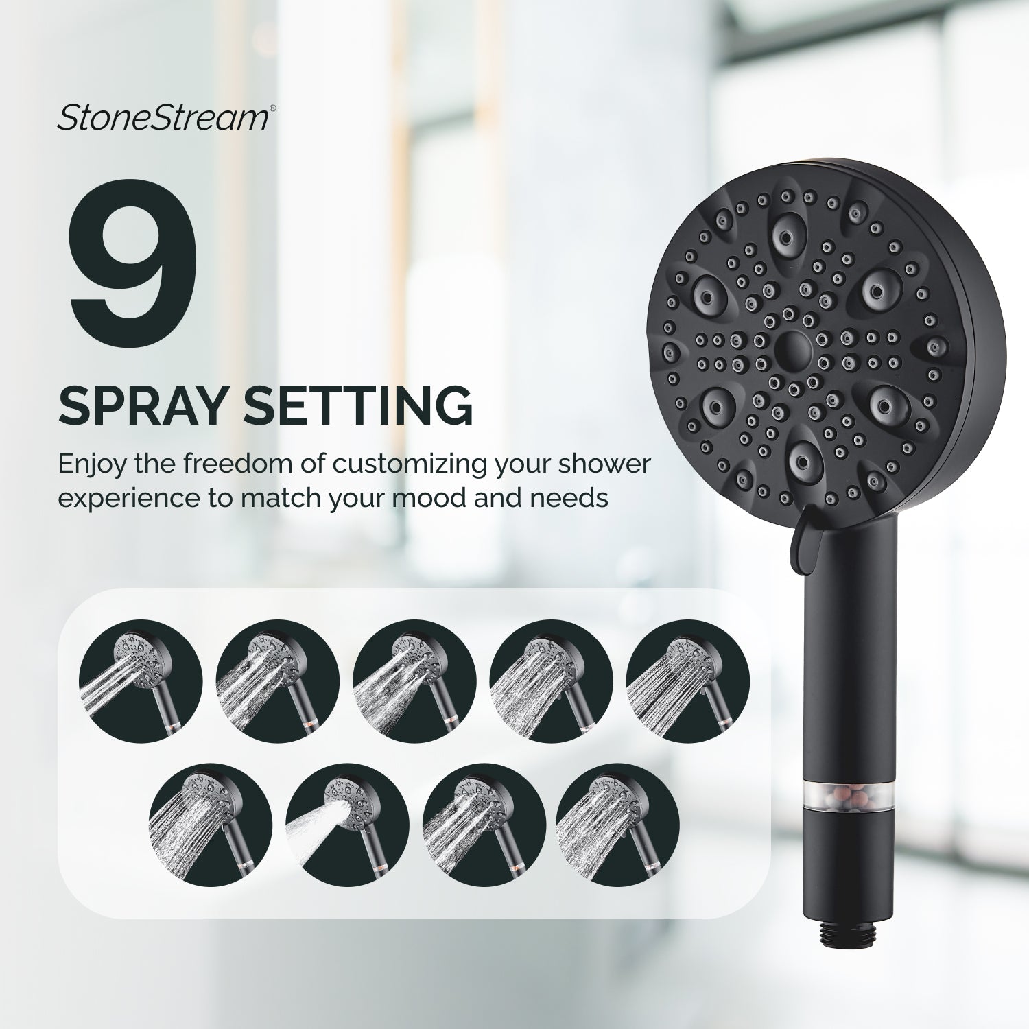 9-Mode Luxury Handheld & Wall Combo Shower Head with Filtration Kit - Black