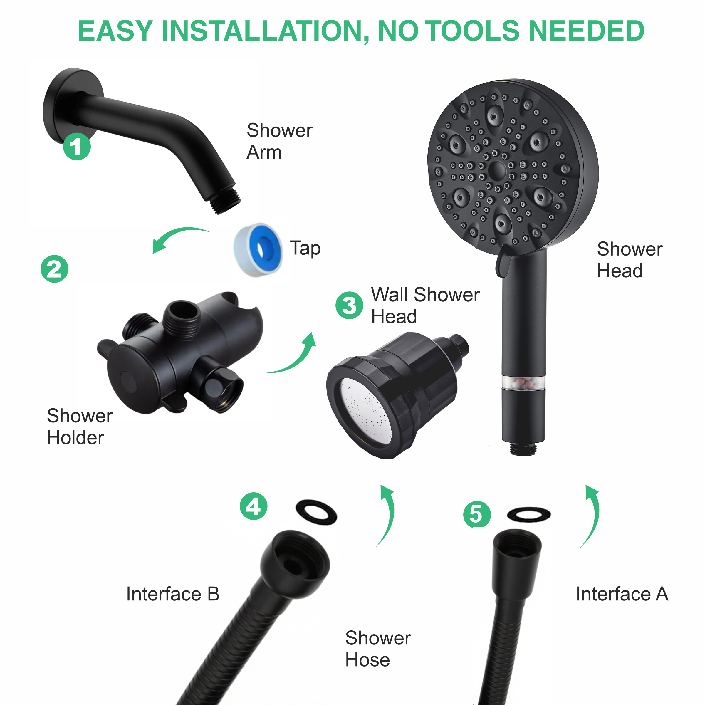 9-Mode Luxury Handheld &amp; Wall Combo Shower Head with Filtration Kit - Black